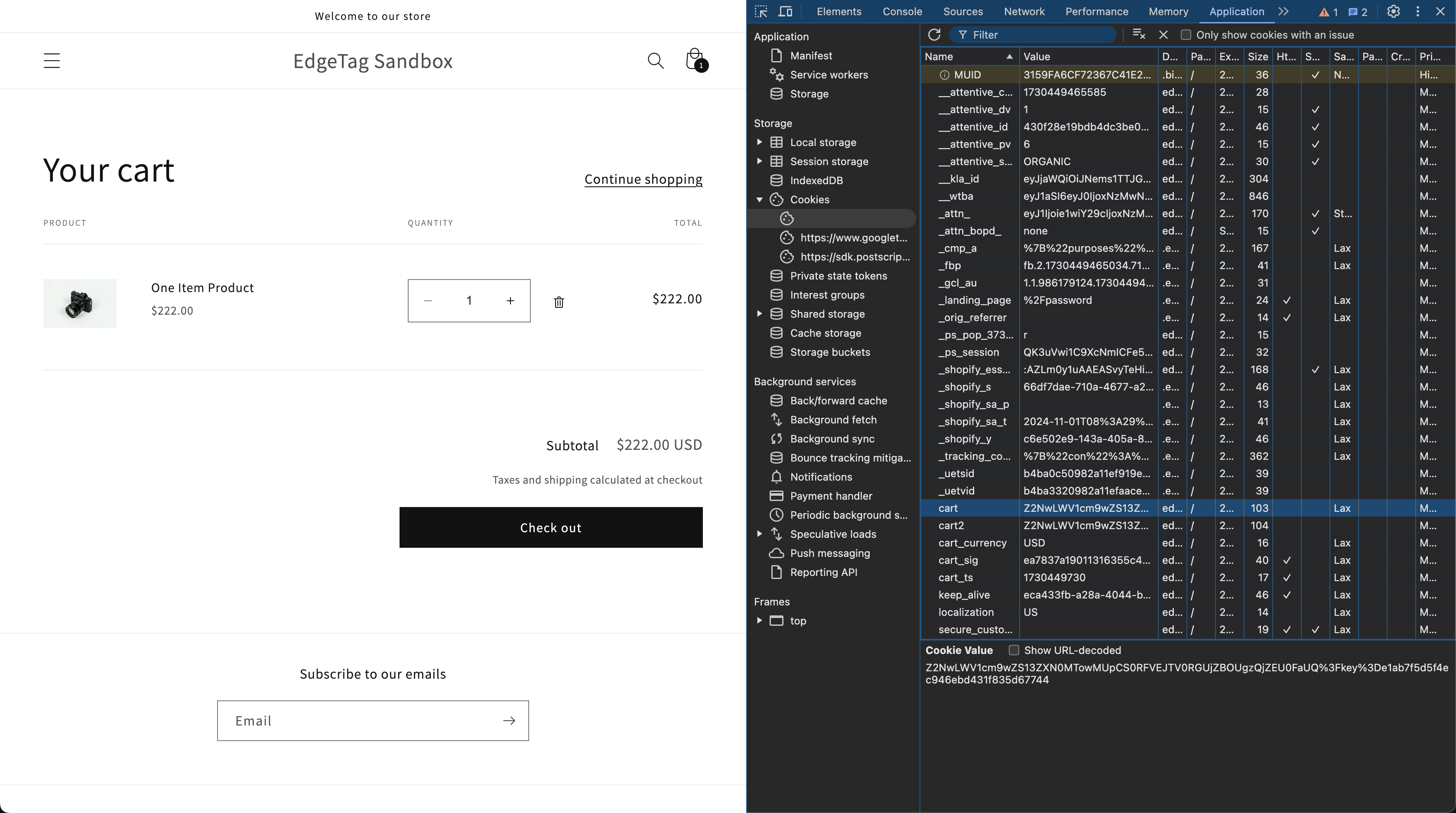 Identifying the default Shopify cart
cookies