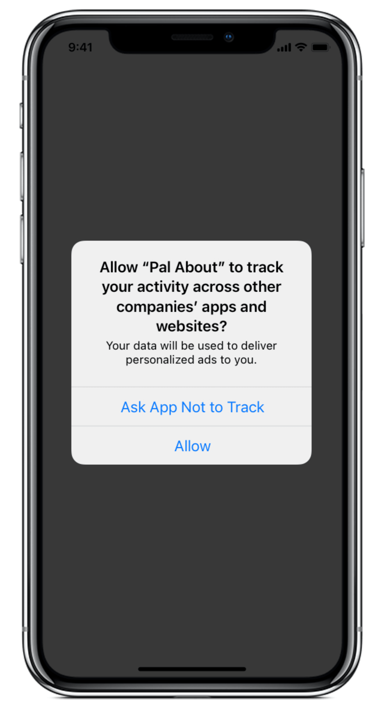 A screenshot of an iPhone app asking for permission to track the user across other companies’ apps and websites to deliver personalized ads