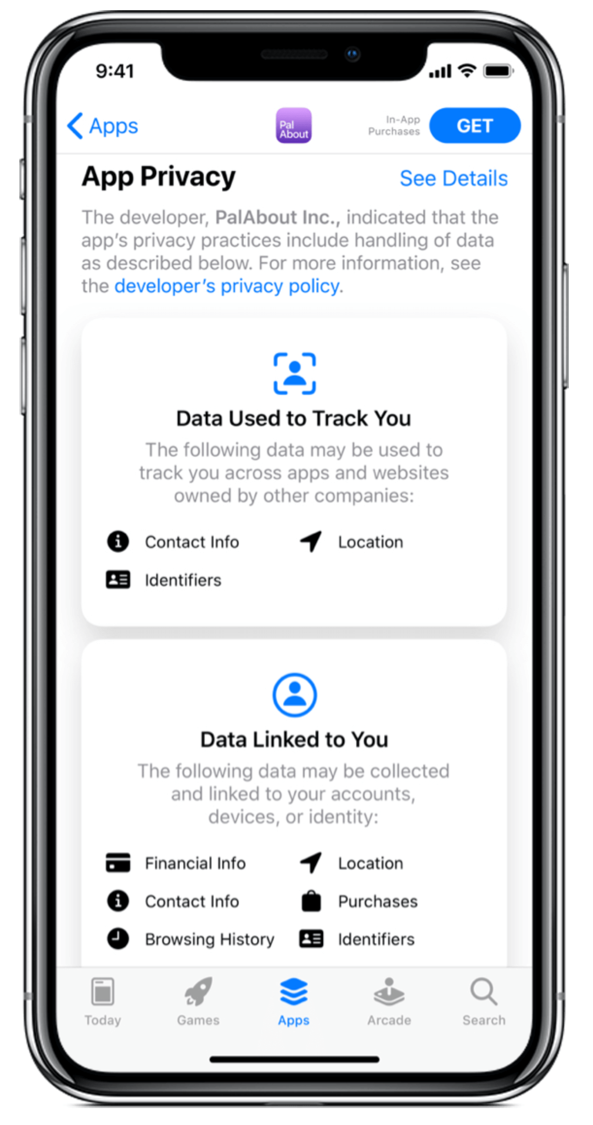 A screenshot of an iPhone app’s details page in the App Store displaying information about the kinds of data that app will use to track and link the user across other companies’ apps and websites
