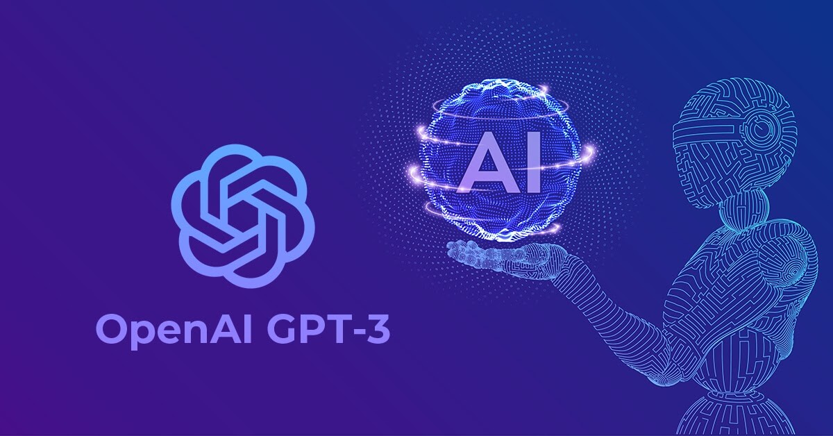 A stylised illustration of a Robot holding a sphere with the words ‘AI’ written inside alongwith the OpenAI logo and the text ‘OpenAI GPT-3’ below it