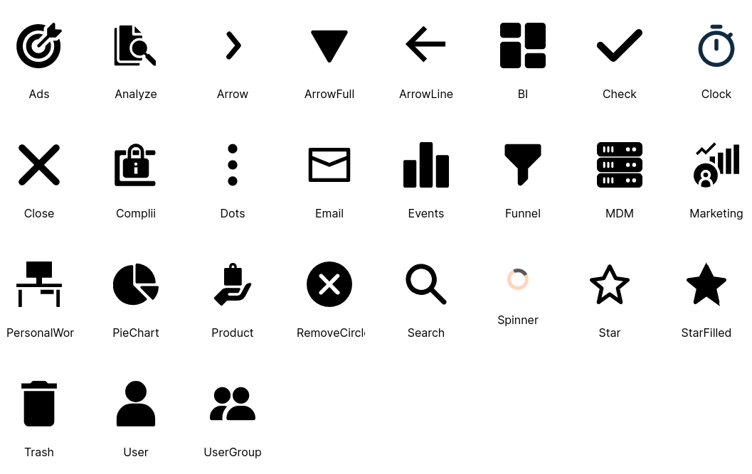 A grid of different monochrome icons like checkmark, clock, funnel, dots, star, etc